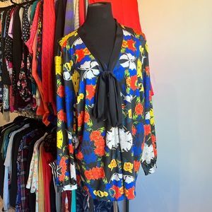 Multicolored Floral Print Button Down Blouse w/ Tie Neck - 3X